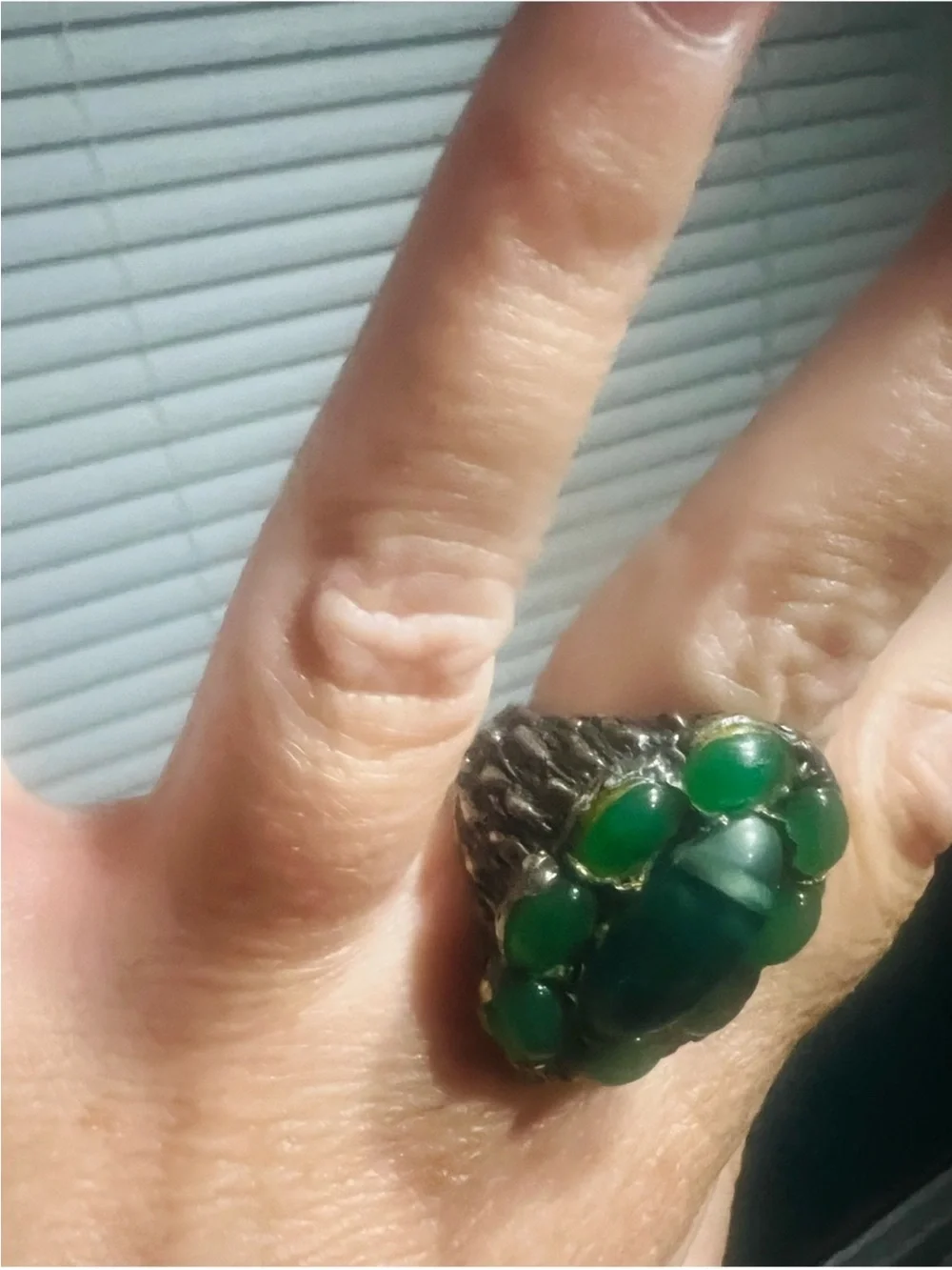 Antique Green Chalcedony Ring W Green Gem Cluster Handcrafted in Sterling Metal
